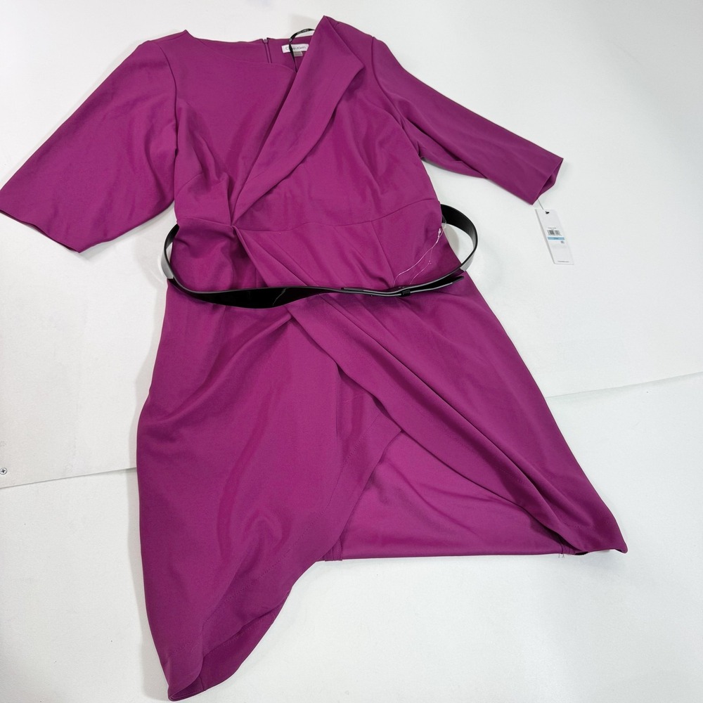 Calvin Klein Dress Womens 20W Purple Faux‎ Wrap Belted 3/4 Sleeve Sheath New